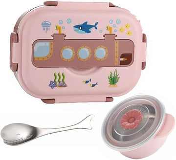 Pink Kids Submarine Lunch Box Set | Stainless Steel Sea World Bento Box | Perfect for School & Travel