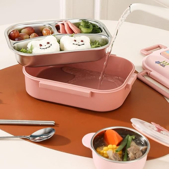 Pink Kids Submarine Lunch Box Set | Stainless Steel Sea World Bento Box | Perfect for School & Travel