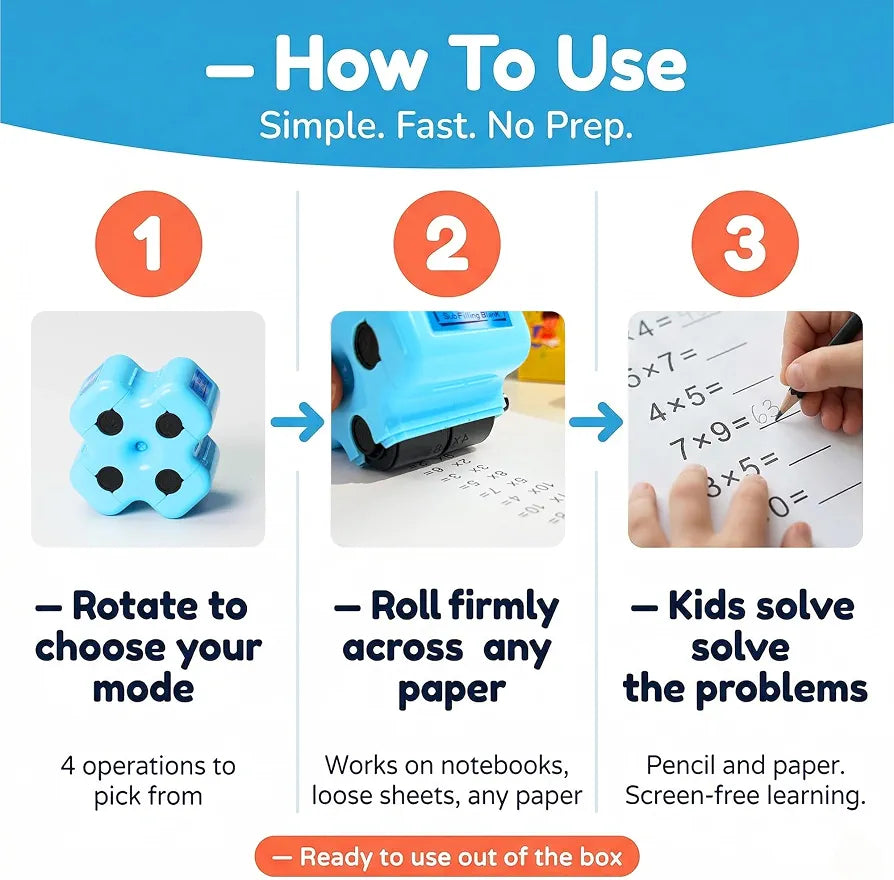 GoldenEgg Math Teacher 4-in-1 Math Roller Stamp, Addition, Subtraction, Multiplication & Fill-in-the-Blank Practice Tool for Kids, Classroom & Home Use 