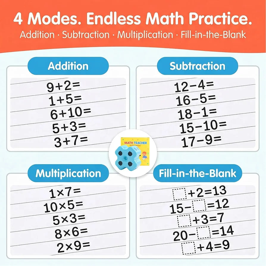 GoldenEgg Math Teacher 4-in-1 Math Roller Stamp, Addition, Subtraction, Multiplication & Fill-in-the-Blank Practice Tool for Kids, Classroom & Home Use 