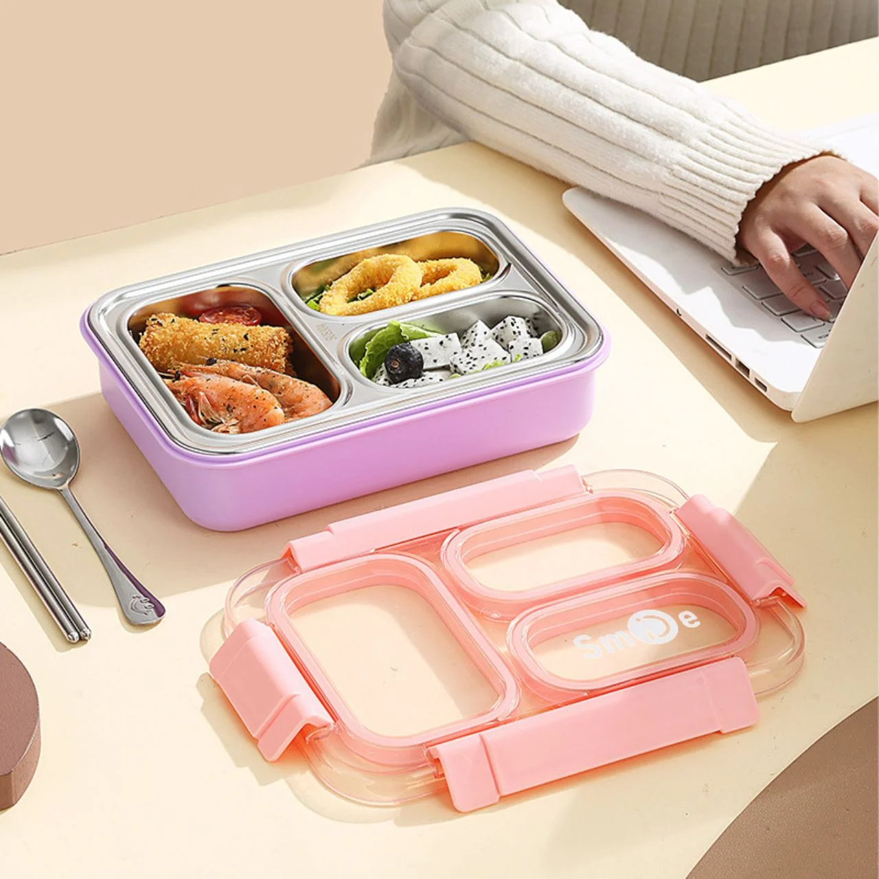 Stainless Steel 3 Compartment Lunch Box with Spoon & fork  Secure Lock & Leak-Proof