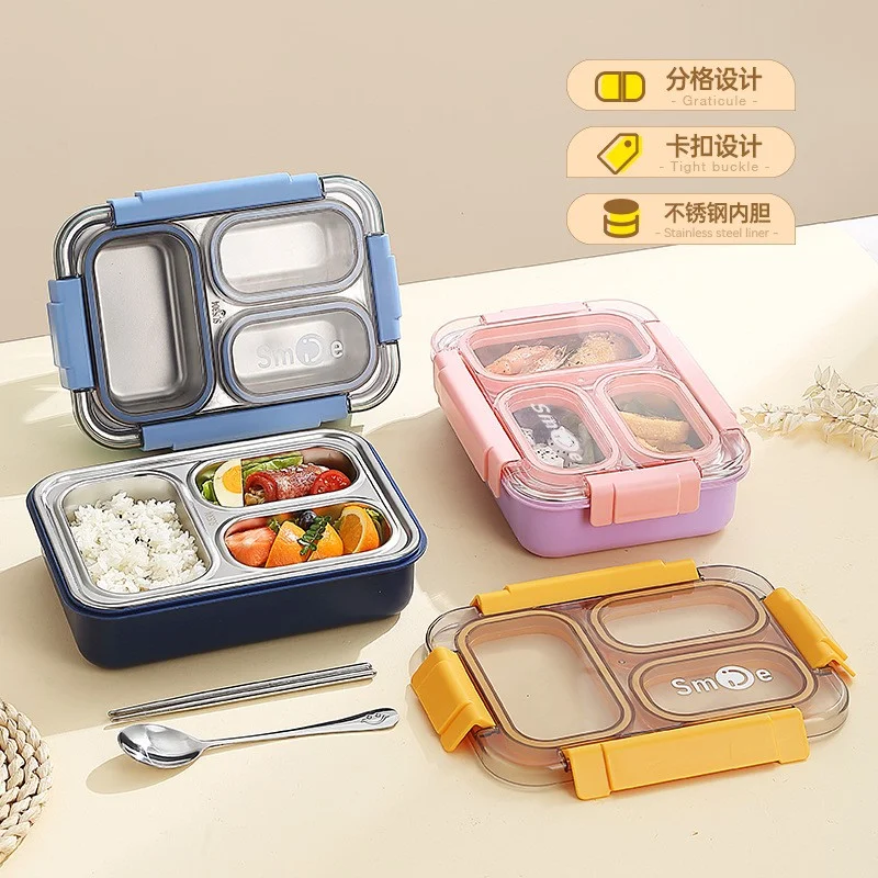 Stainless Steel 3 Compartment Lunch Box with Spoon & fork  Secure Lock & Leak-Proof